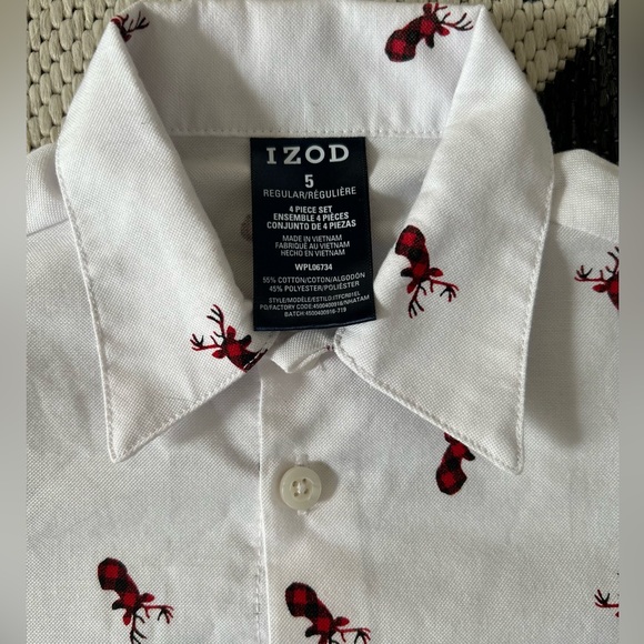 IZOD kids button down Christmas shirt with buffalo plaid reindeer accents - Picture 3 of 4